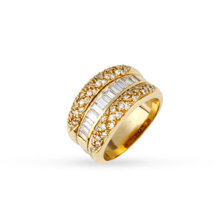 Τριπλό δαχτυλίδι σε κίτρινο χρυσό Κ18 με baguette cut