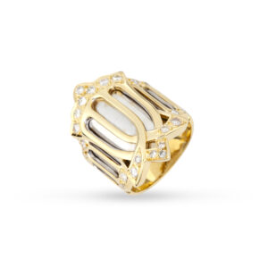 One-of-a-kind φαρδύ δαχτυλίδι σε συνδυασμό λευκού και κίτρινου χρυσού Κ18 με σχήμα διπλής κορώνας και στρογγυλά διαμάντια μπριγιάν