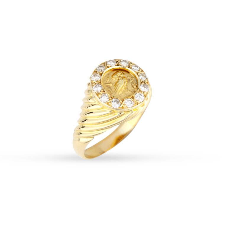 Δαχτυλίδι σε κίτρινο χρυσό Κ18 με ριγέ φινίρισμα και στρογγυλά διαμάντια μπριγιάν