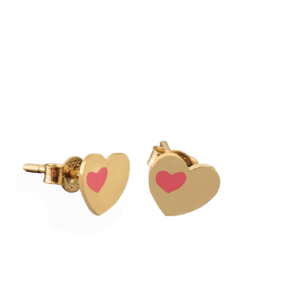 Σκουλαρίκια απο κίτρινο χρυσό Κ14 σε σχήμα καρδιάς διακοσμημένα με ροζ σμάλτο