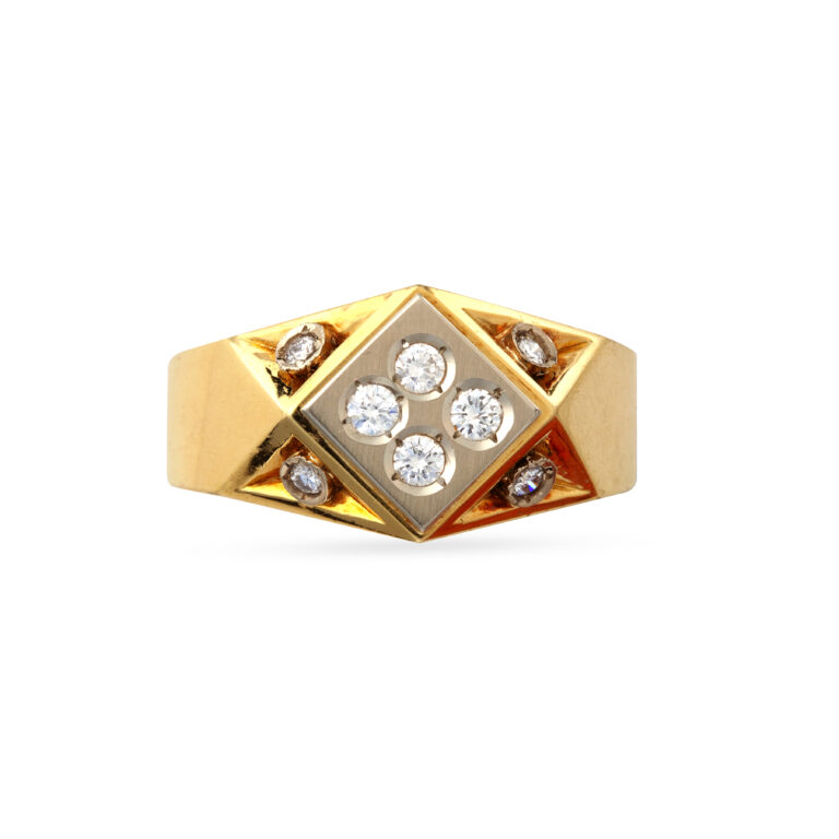 Ανδρικό δαχτυλίδι σε συνδυασμό κίτρινου και λευκού χρυσού Κ18 με ματ και γυαλιστερό φινίρισμα και στρογγυλά διαμάντια μπριγιάν βάρους 0.40ct geometric ring