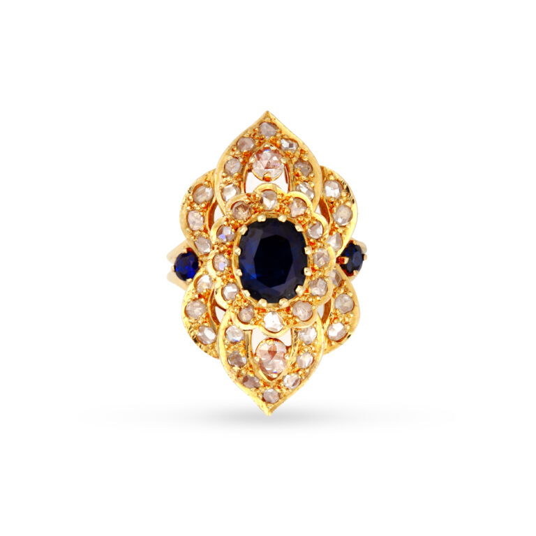 χειροποίητο δαχτυλίδι σε κίτρινο χρυσό Κ18 με arabesque σχεδιασμό, με σκούρα μπλε ζαφείρια βάρους 2ct και rose-cut very light pink διαμάντια βάρους 1,20ct 2