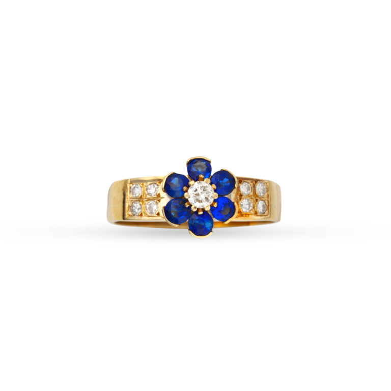 Δαχτυλίδι από κίτρινο χρυσό Κ18 με στρογγυλά διαμάντια και στρογγυλά μπλε ζαφείρια βάρους