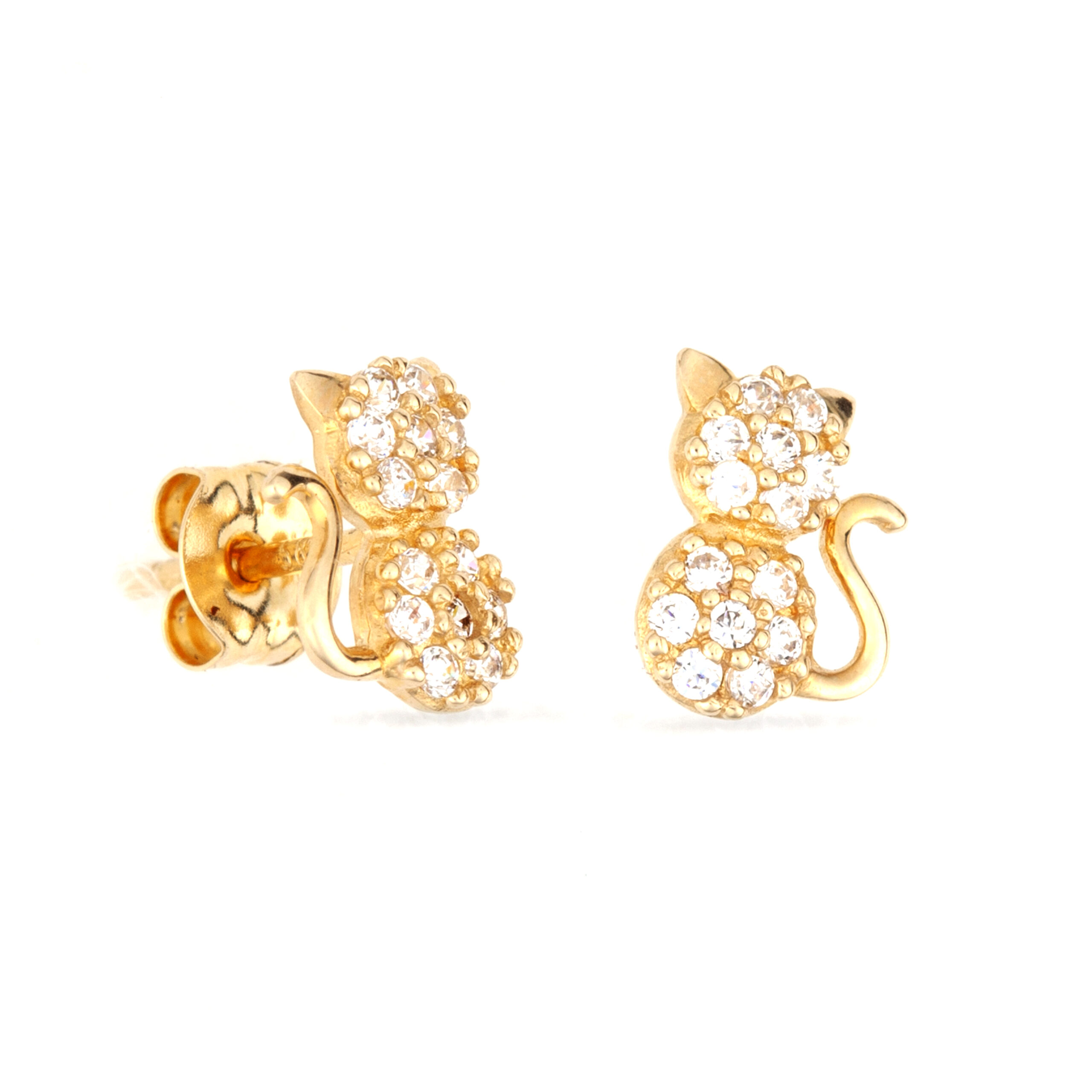 Σκουλαρίκια σε σχήμα γατούλας απο κίτρινο χρυσό Κ14 με άχρωμες πέτρες kitty 7