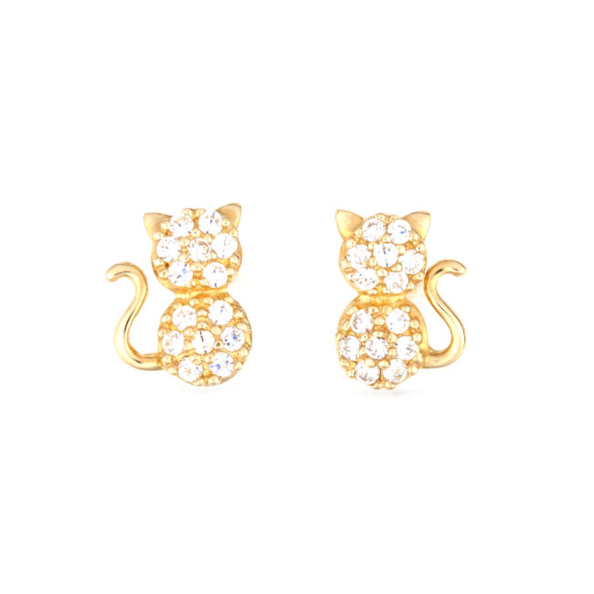 Σκουλαρίκια σε σχήμα γατούλας απο κίτρινο χρυσό Κ14 με άχρωμες πέτρες kitty 4