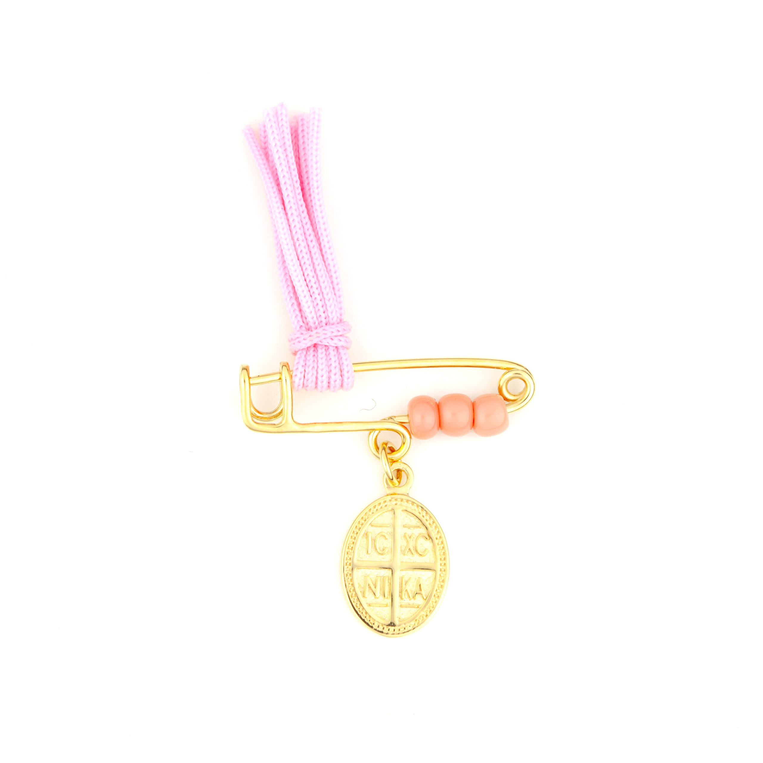 παραμάνα σε κίτρινο χρυσό Κ14 με κρεμαστό οβάλ Κωνσταντινάτο διπλής όψης, ροζ πέτρες και ροζ φουντίτσα 2
