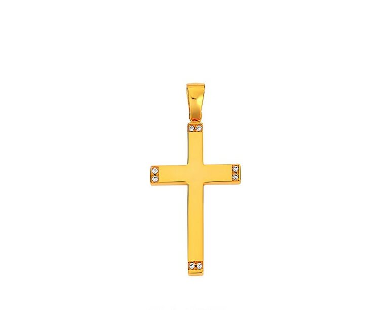 Σταυρός σε κίτρινο χρυσό Κ14 με λουστρέ φινίρισμα και άχρωμες πέτρες. Διαθέσιμος και σε λευκό χρυσό.