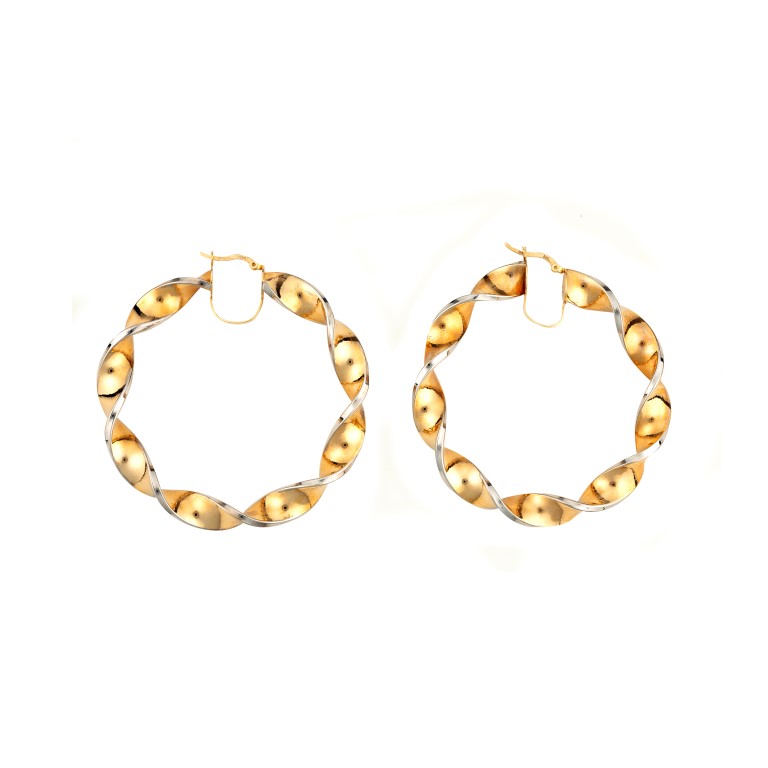 Εντυπωσιακά σκουλαρίκια κρίκοι σε συνδυασμό κίτρινου και λευκού χρυσού Κ14 με λουστρέ φινίρισμα.